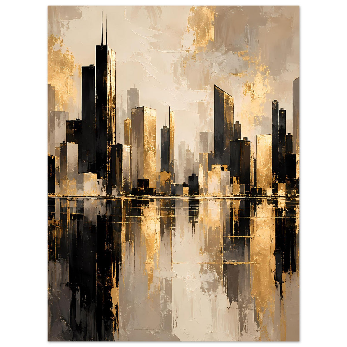 Cityscape-Poster vertikal mit goldenen Reflexionen und dunklen Wolkenkratzern