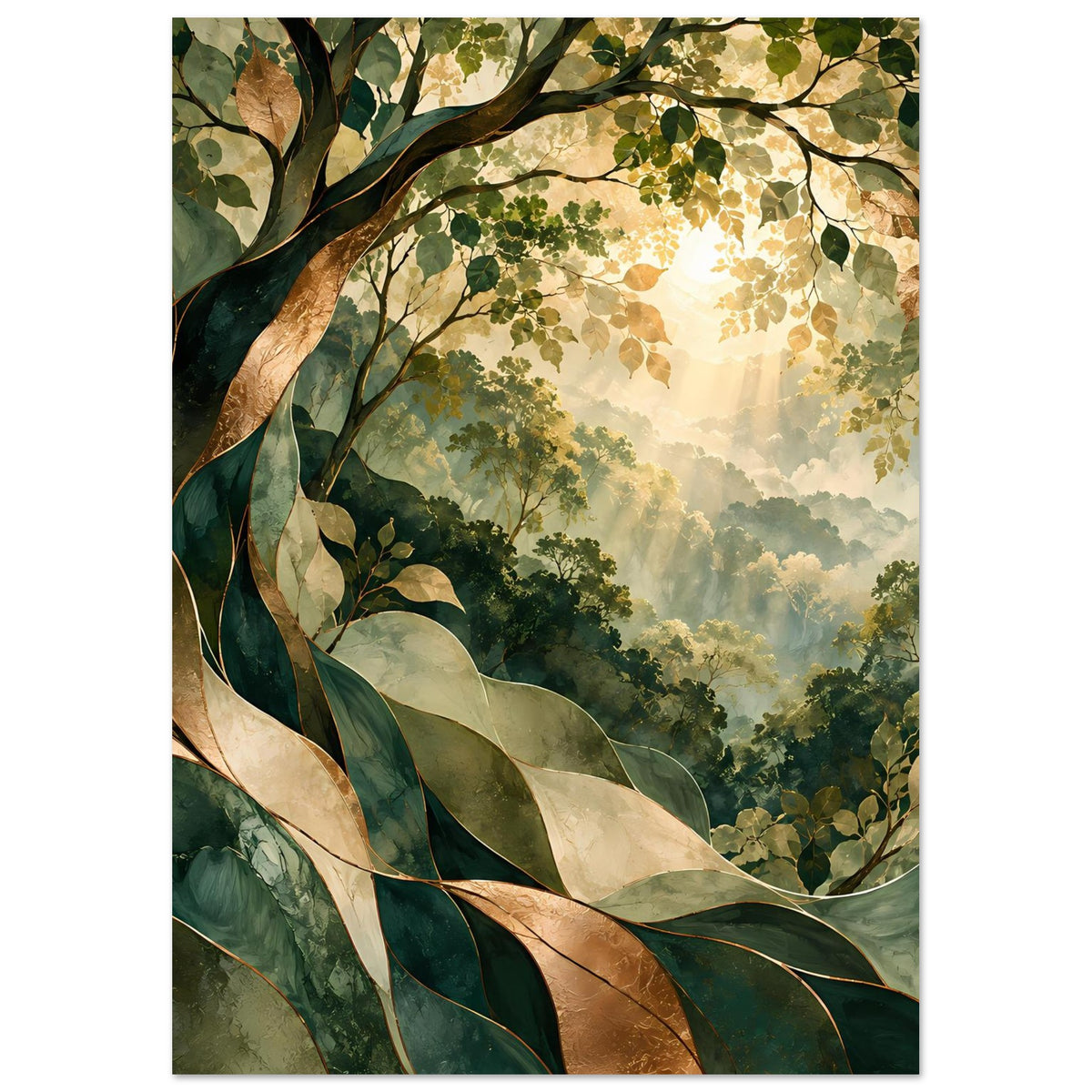 Naturposter mit Blattwerk und Baumkrone, goldgelber Lichtschein, Grünlandschaft