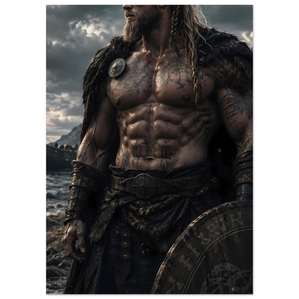 Fantasy-Poster mit Wikingerkrieger im Lederschmuck, Schild im Vordergrund, Halbfigur