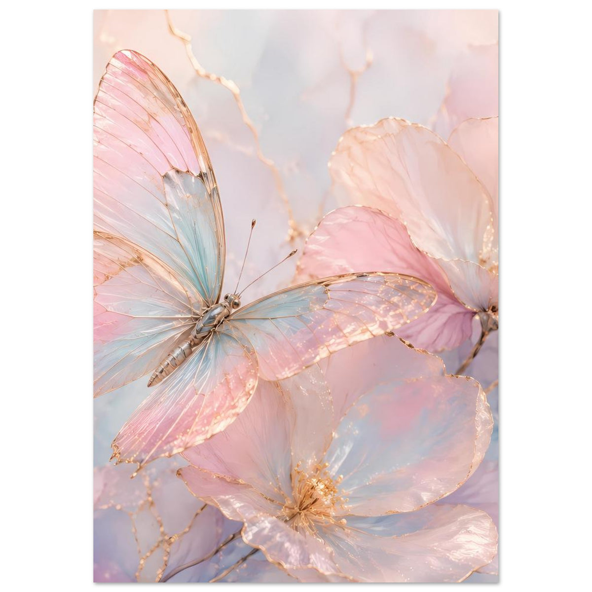 Vertikales Aquarell-Poster mit Schmetterling und Blüten in Rosa und Blau