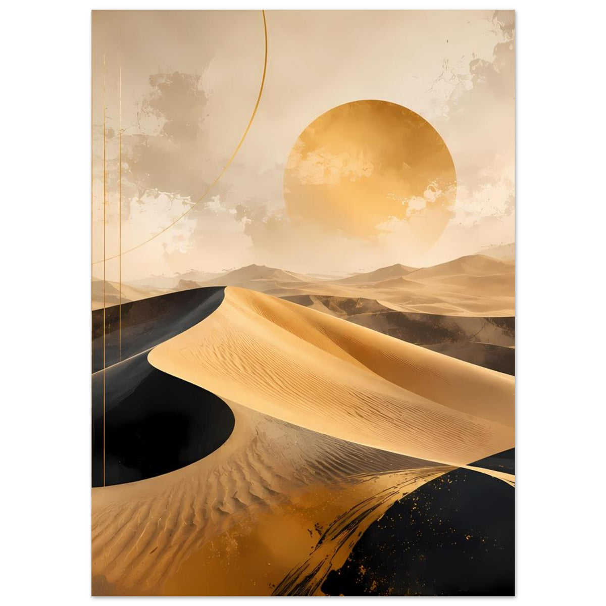 Wüstenlandschafts-Poster: goldene Dünen, dunkle Senken und große Sonnenscheibe