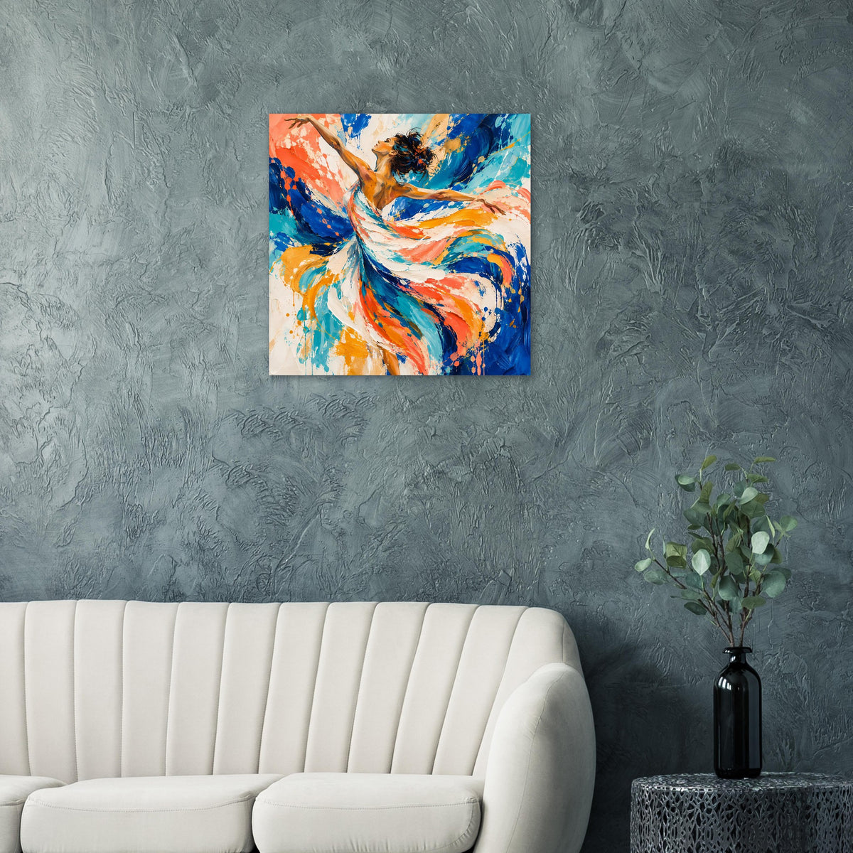 Quadratisches Kunstposter mit abstrakter Tänzerfigur, kräftige Blau-Orange Farbflächen, mit Rahmen