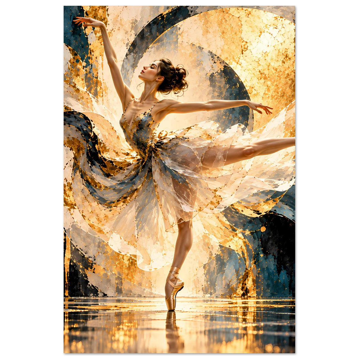 Ballettposter hochkant: tanzende Ballerina im beigen, goldenen Kleid mit abstraktem Hintergrund