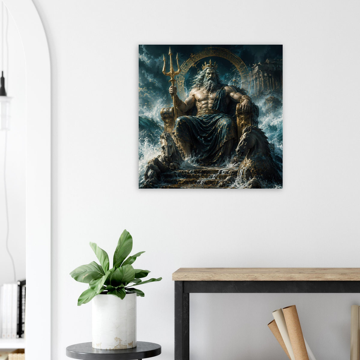 Poster mit Poseidon auf Thron, Dreizack in der Hand, Ozeandunst und Wellen