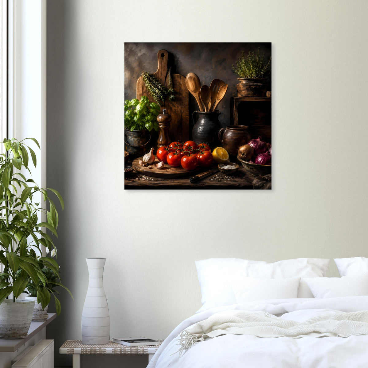 Küchenstillleben-Poster mit Tomaten, Zwiebeln, Kräutern und Töpfen auf dunkler Fläche