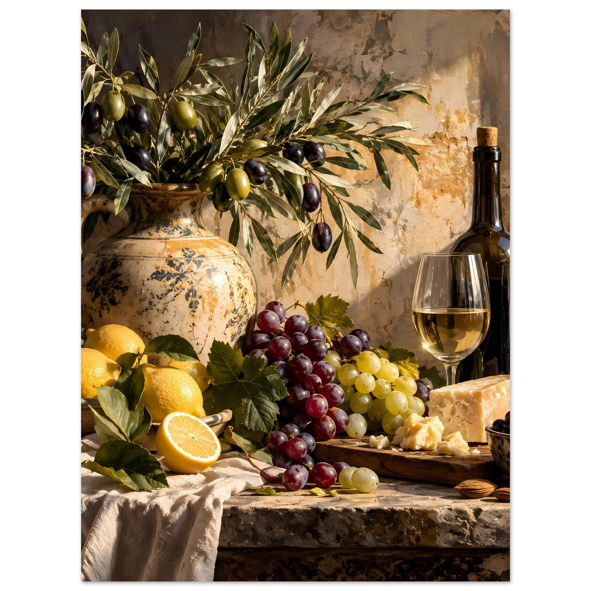 Still-Life-Poster mit Weinflasche, Glaskelch, Trauben und Zitronen; Käse und Körnerbrot im Bild