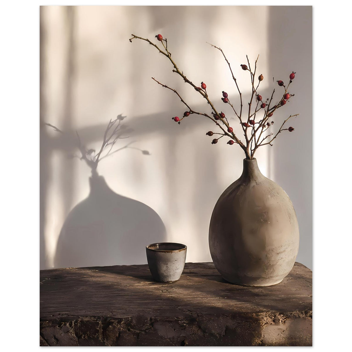 Poster mit Stillleben: Vase mit blühenden Zweigen und Beeren, Becher links auf Holzplatte