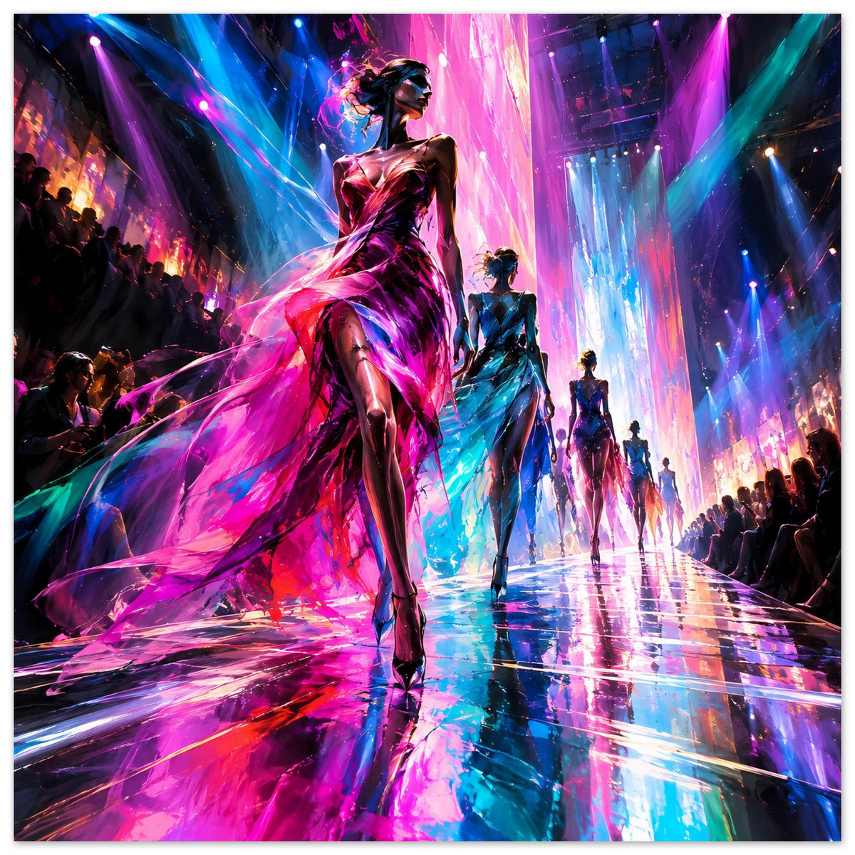Querformat-Runway-Poster mit Models und Neon-Licht, kräftige Pink- und Blaunuancen