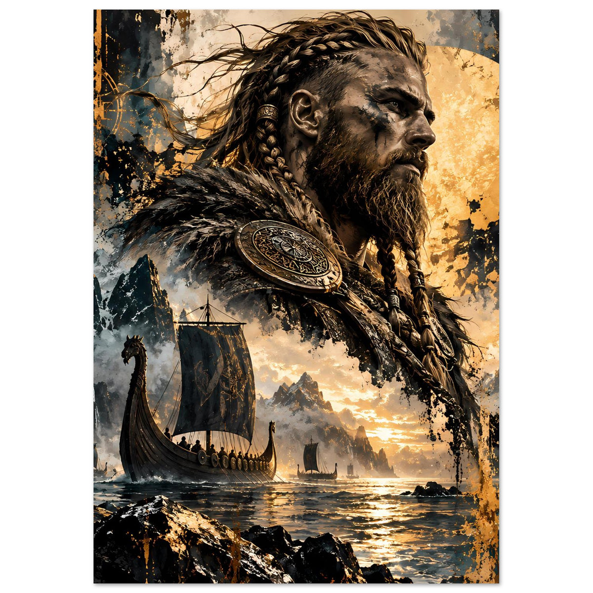 Poster im Hochformat mit Wikingerkrieger-Profil, geflochtenem Bart, Schild und Wikingerschiff im Hintergrund.