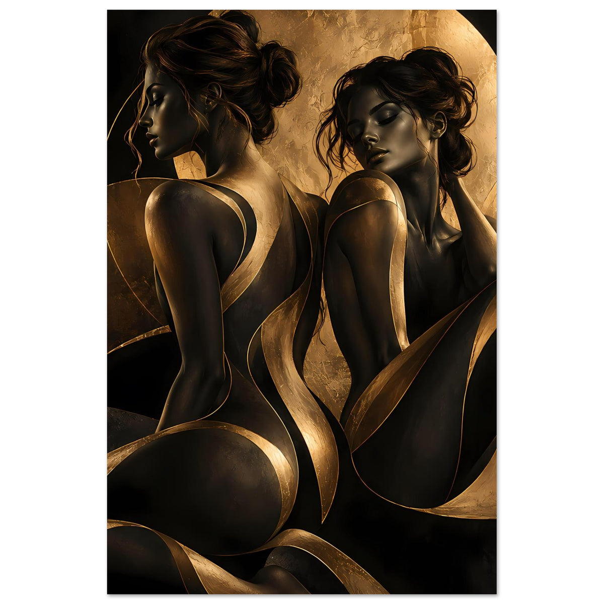 Kunstposter im Hochformat mit zwei Frauenakt-Silhouetten in Schwarz und Gold, Close-up auf Gesichter