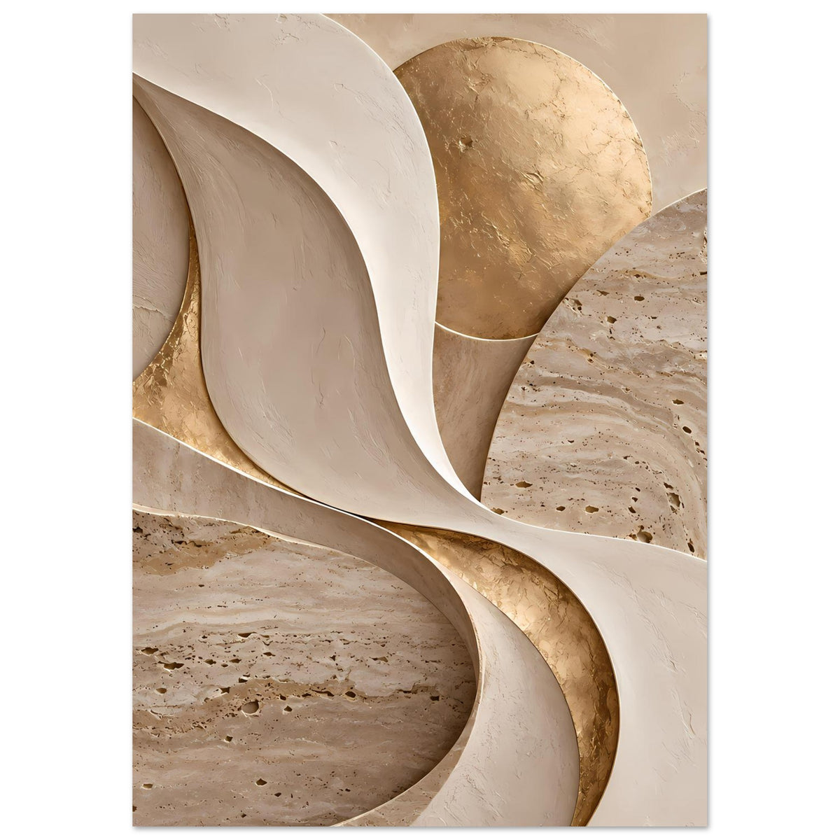 Kunstposter im Hochformat mit geschwungenen Bändern in Beige und Gold