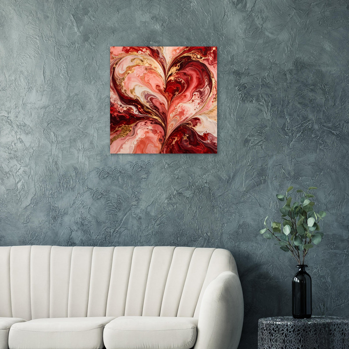 Wandposter mit abstraktem Herz in Rot, Rosa und Gold, kunstvoller Marmor-Look