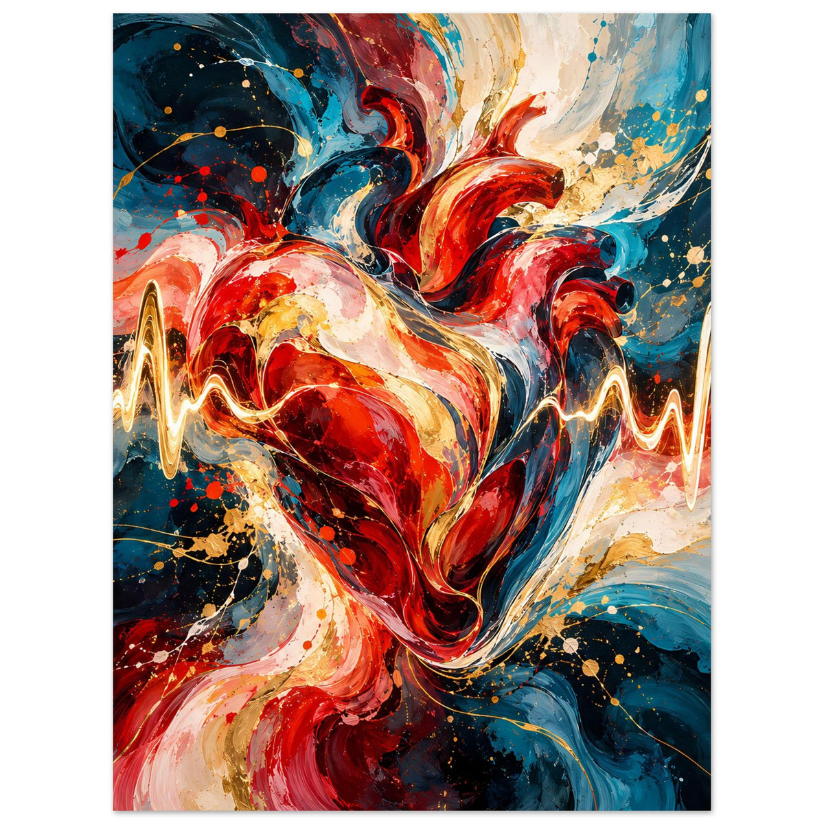Poster: abstraktes Herz mit EKG-Linie, rot, blau und gold, leuchtende Wellenverläufe