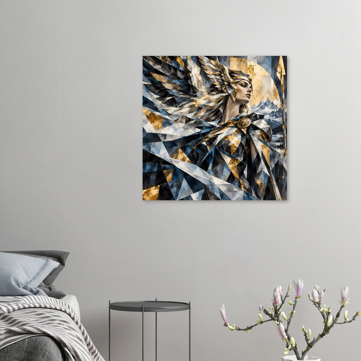 Geometrisches Poster, klein an der Wand: Frauenprofil mit Federkranz, Blau und Gold