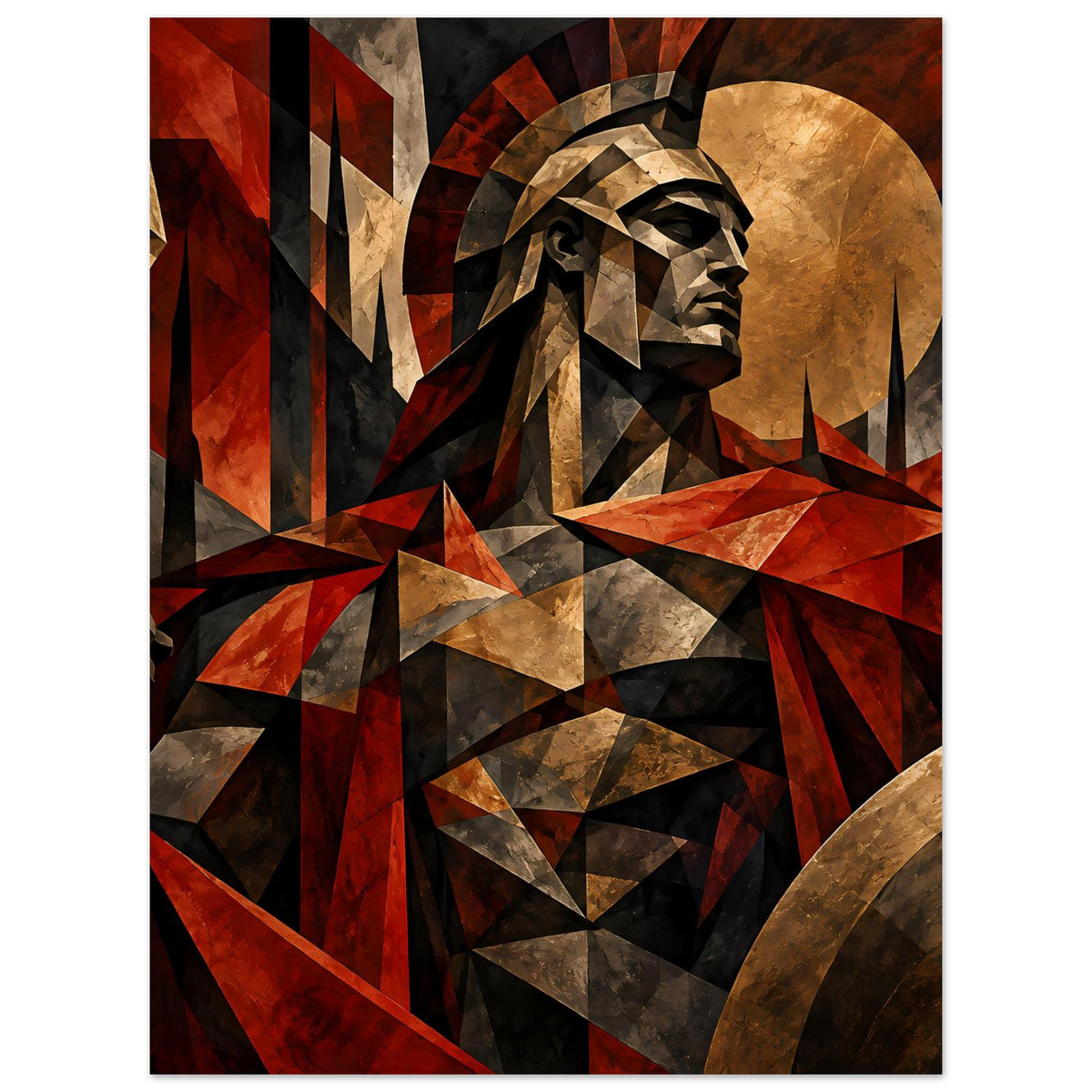 Spartaner-Krieger-Poster in warmen Rot- und Goldtönen, geometrische Elemente um die Figur
