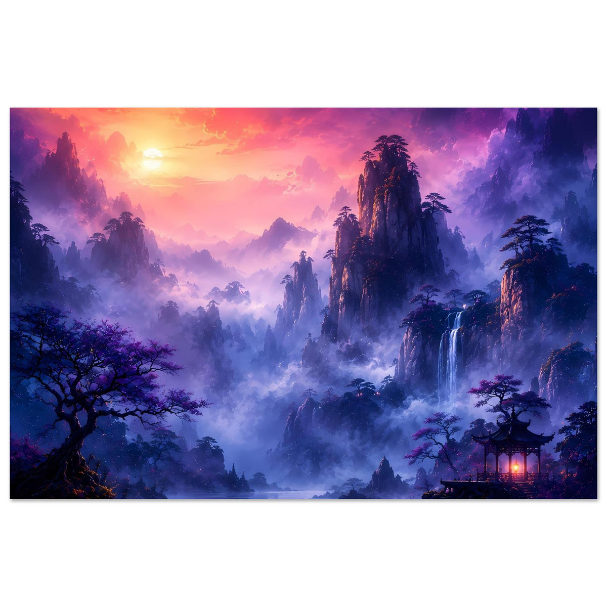 Fantasy-Poster mit violetten Bergspitzen, Nebelsäulen, Wasserfall und Abendhimmel