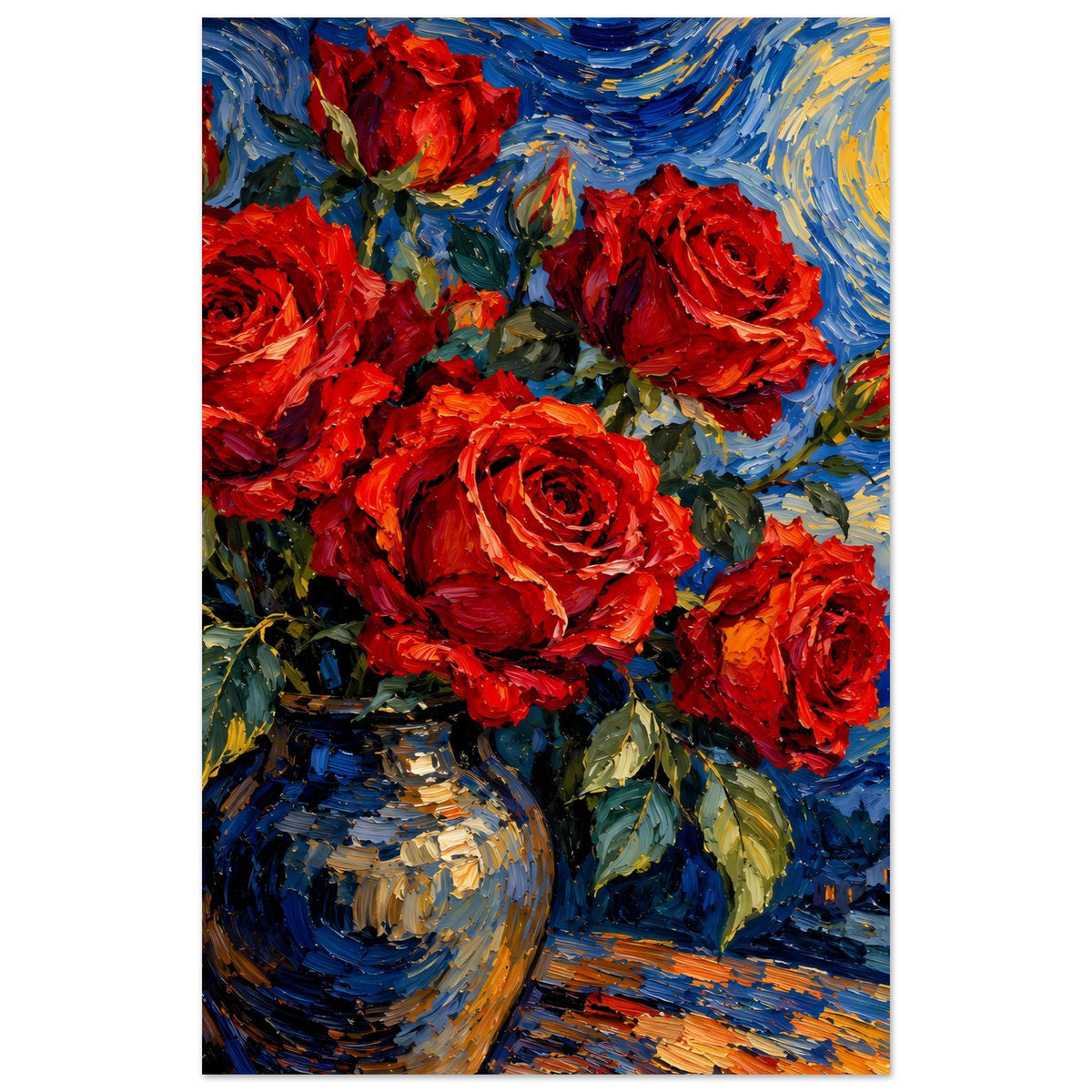 Hochformat-Poster: rote Rosenstrauß in Vase, blau-gelber Hintergrund