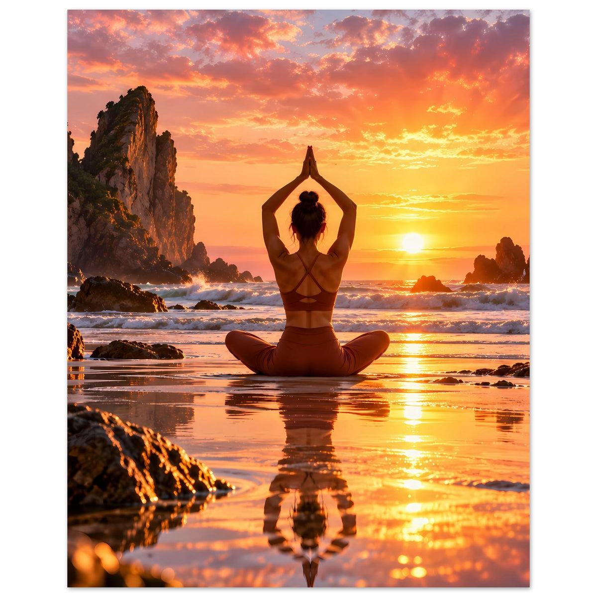 Yoga-Poster (hochkant) mit meditierender Person und Sonnenuntergang über dem Meer