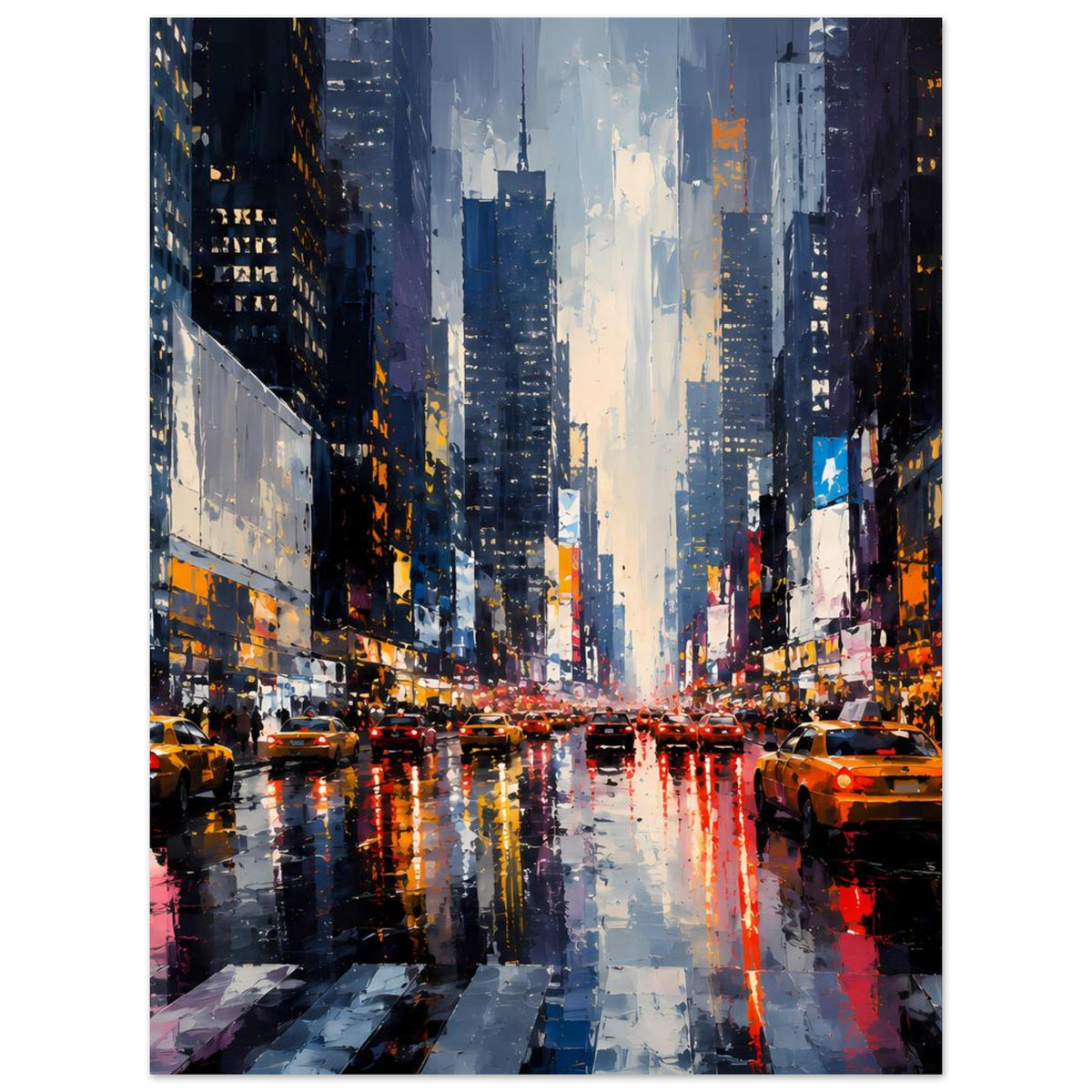 Stadtposter mit regennasser Straße, Hochhäusern und reflektierendem Verkehr in leuchtenden Farben