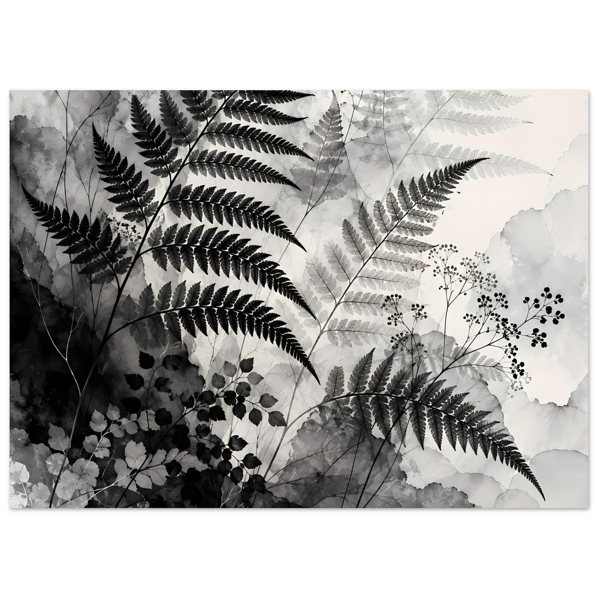 Botanisches Kunstposter mit großem Farnzweig und Blattwerk, Schwarzweiß, horizontal