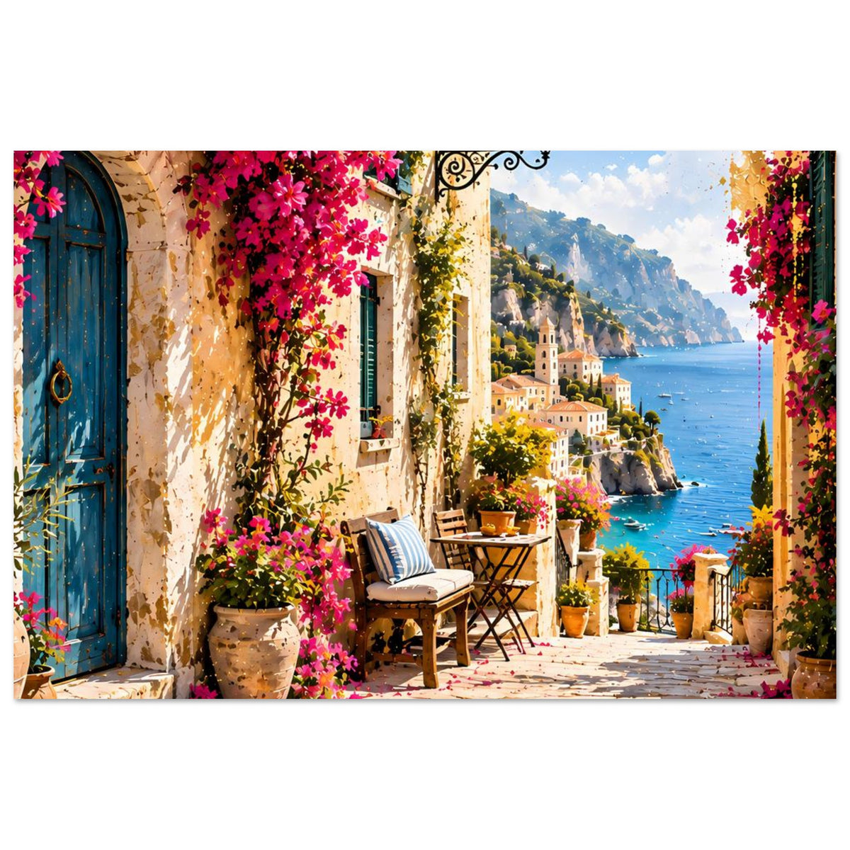 Breites Poster mit mediterranem Balkonblick: pinke Blüten, blaue Tür, Meer