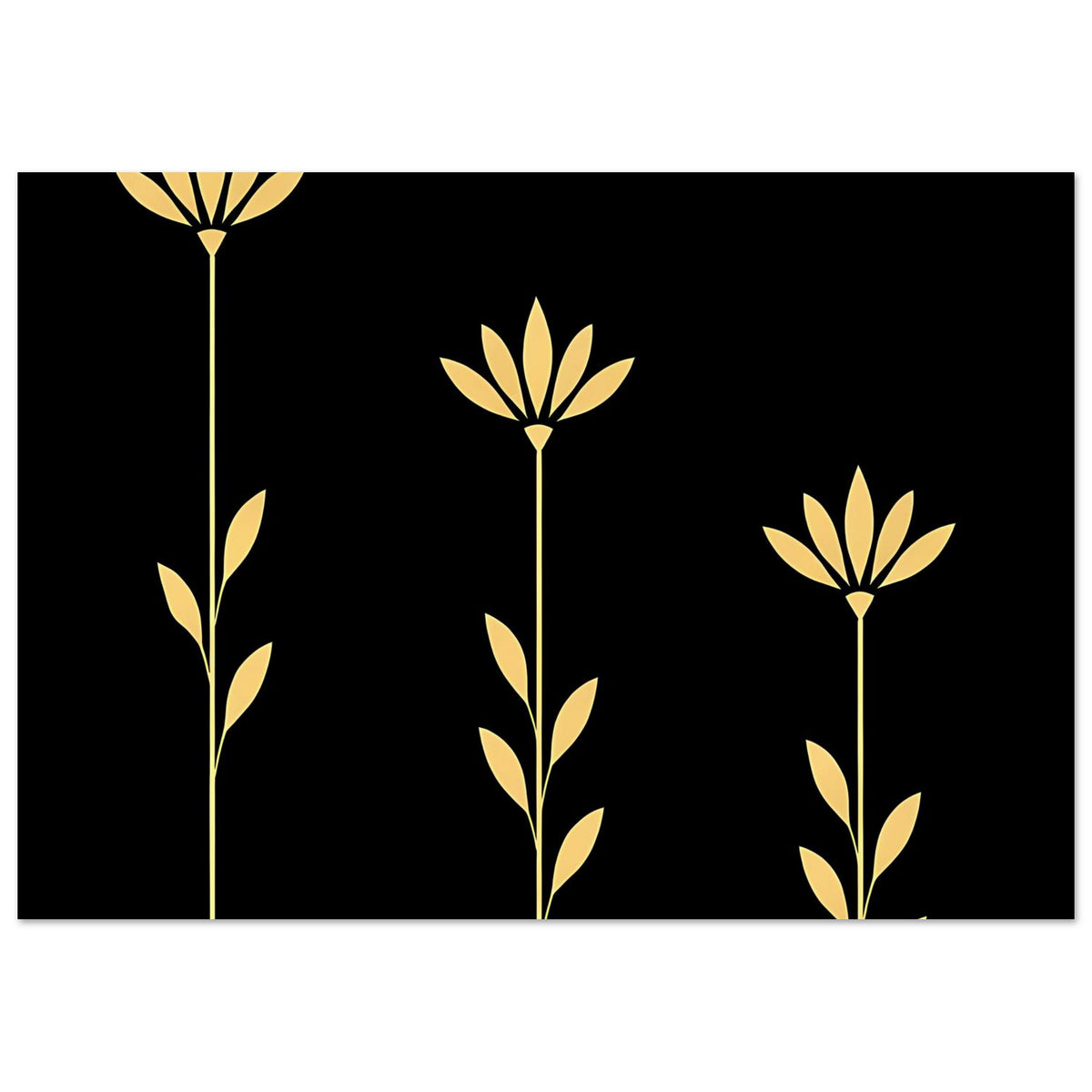 Horizontales Poster mit goldenen Blumenstielen und Blättern, drei Motive verteilt