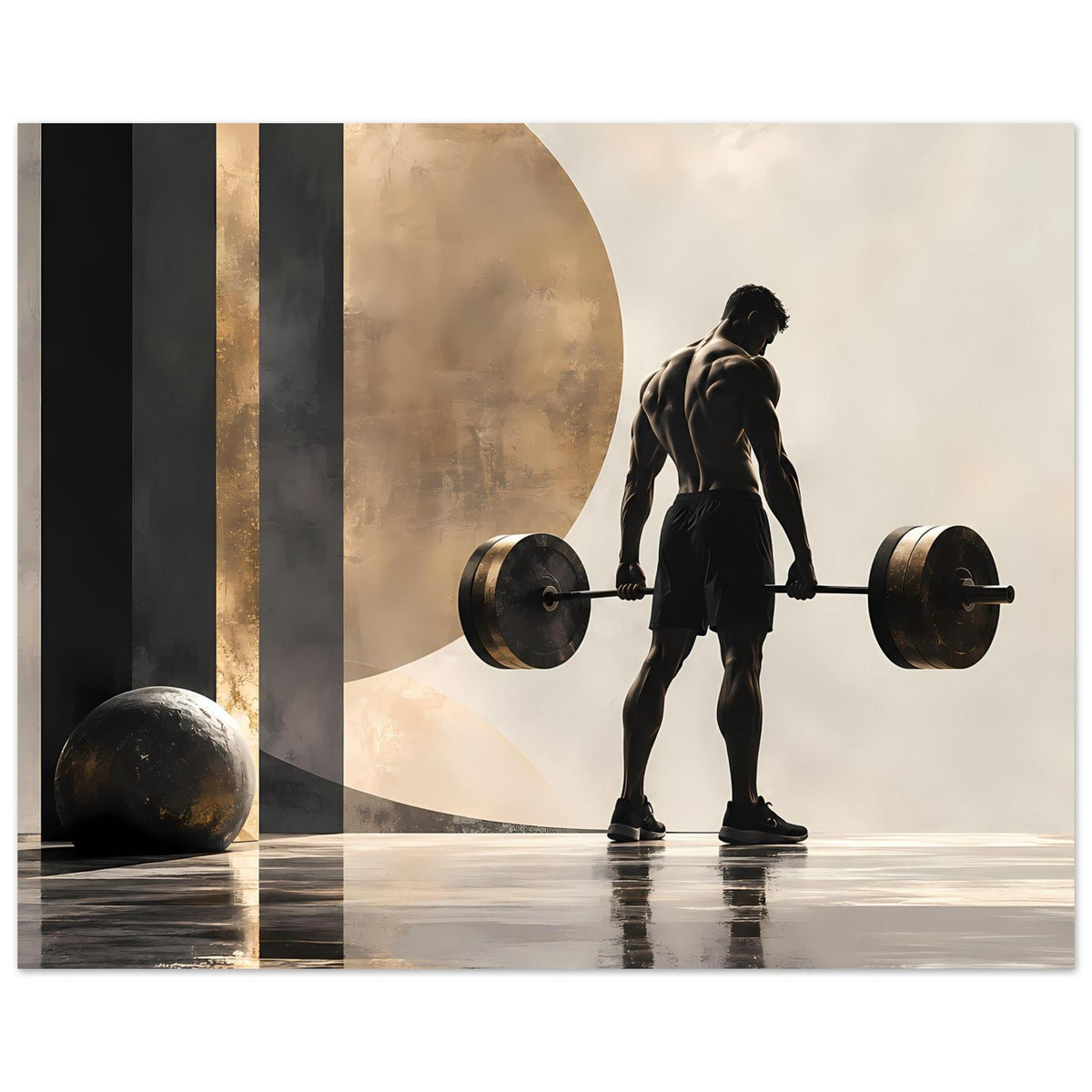 Krafttraining-Poster: Silhouette mit Langhantelstange, links Kugelgewicht, beige/bronze Farben