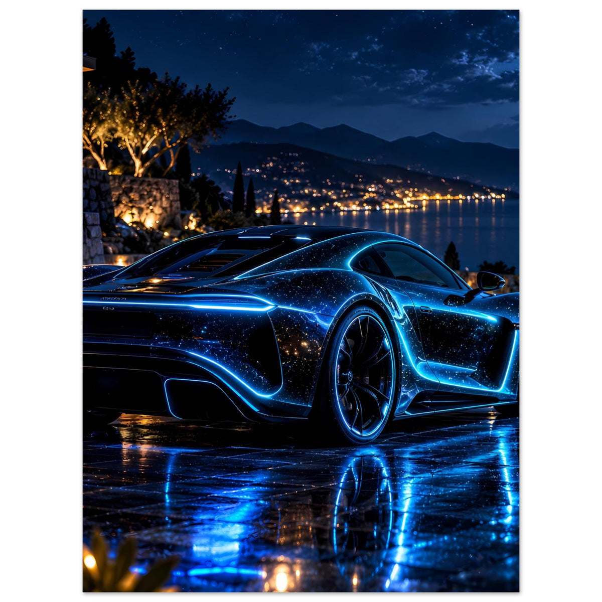 Poster im Hochformat: blauer Sportwagen mit Neonlinien, ruhige Nachtszene im Hintergrund