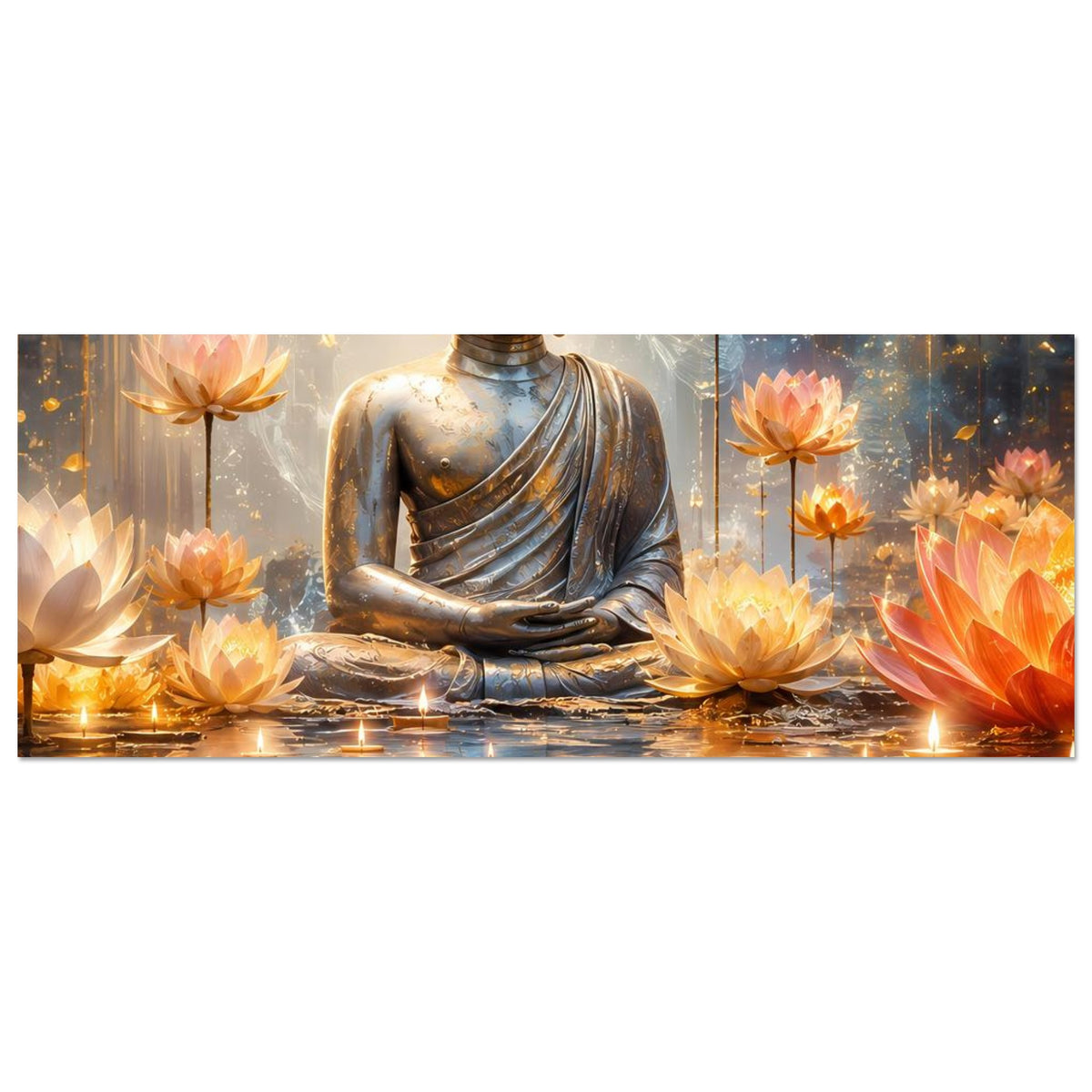 Horizontales Poster: goldener Buddha im Lotussitz mit leuchtenden Lotusblüten und Kerzen