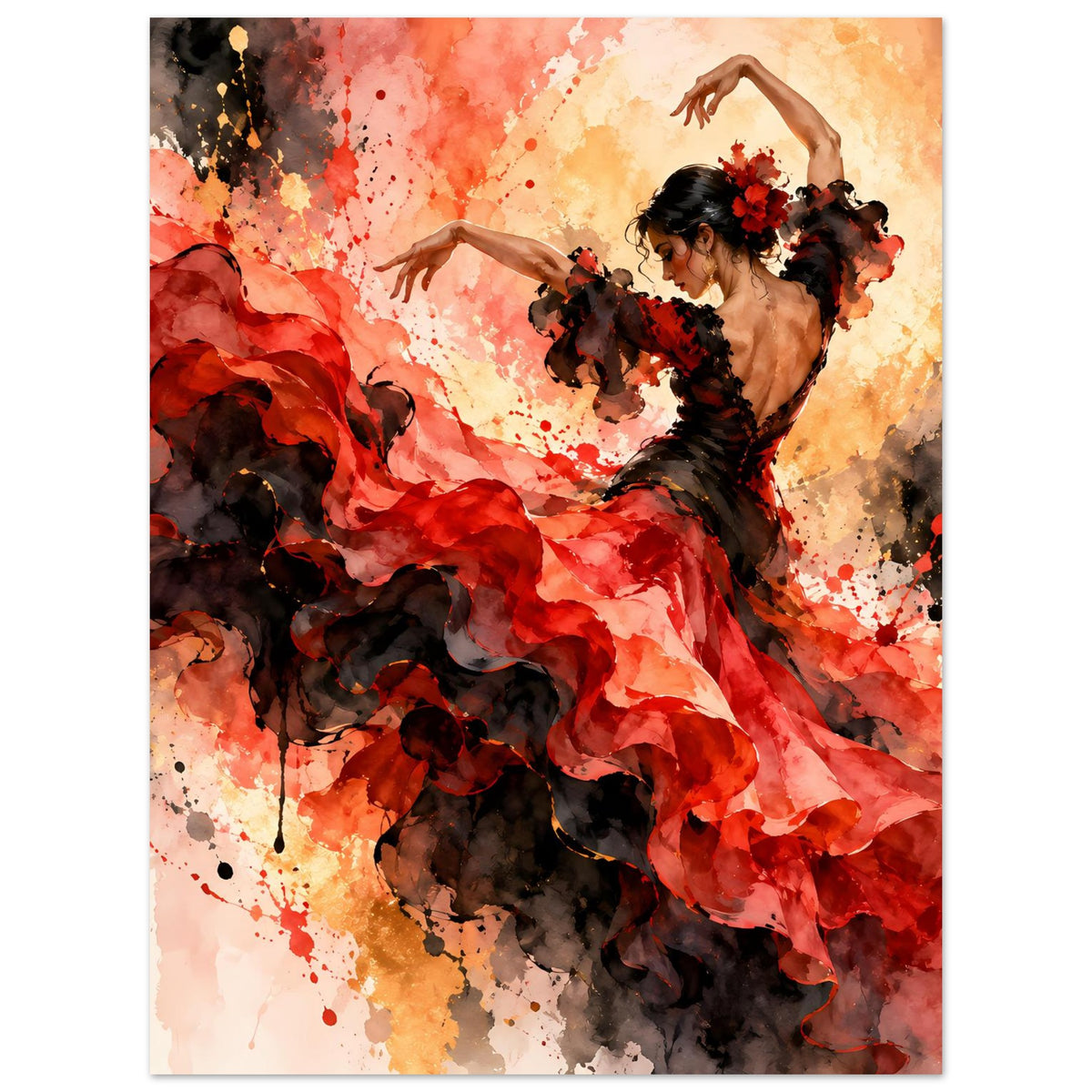 Flamenco-Tanzposter, Tänzerin in Rot und Schwarz, dramatischer Rockschwung