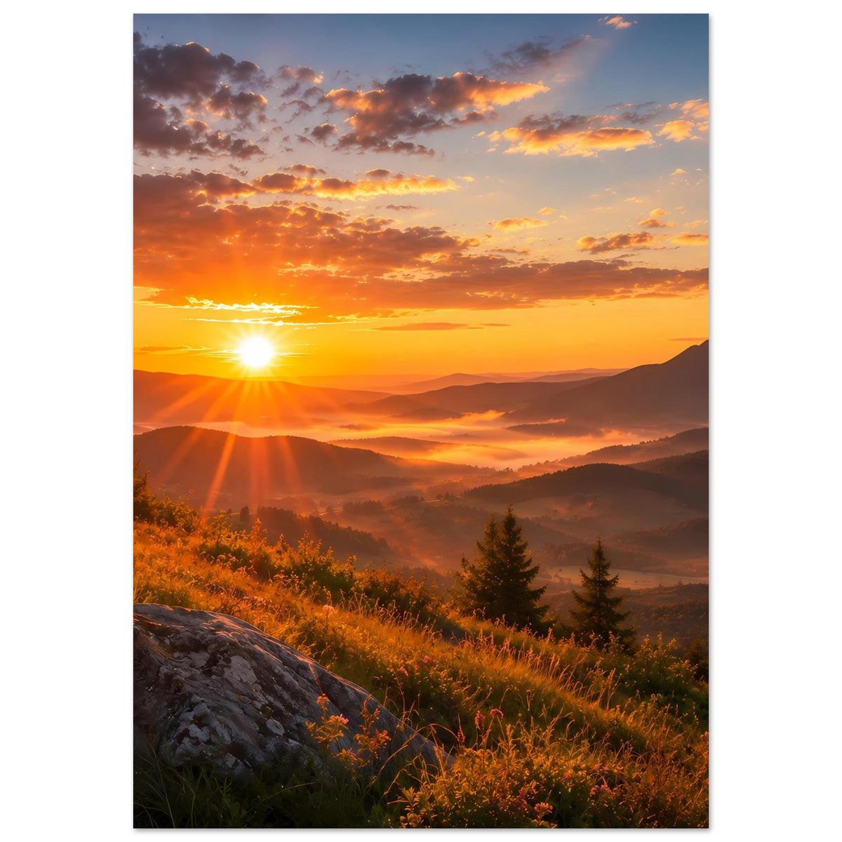 Landschaftsposter im Hochformat: Sonnenaufgang über Hügeln, orange Wolken, felsiger Vordergrund