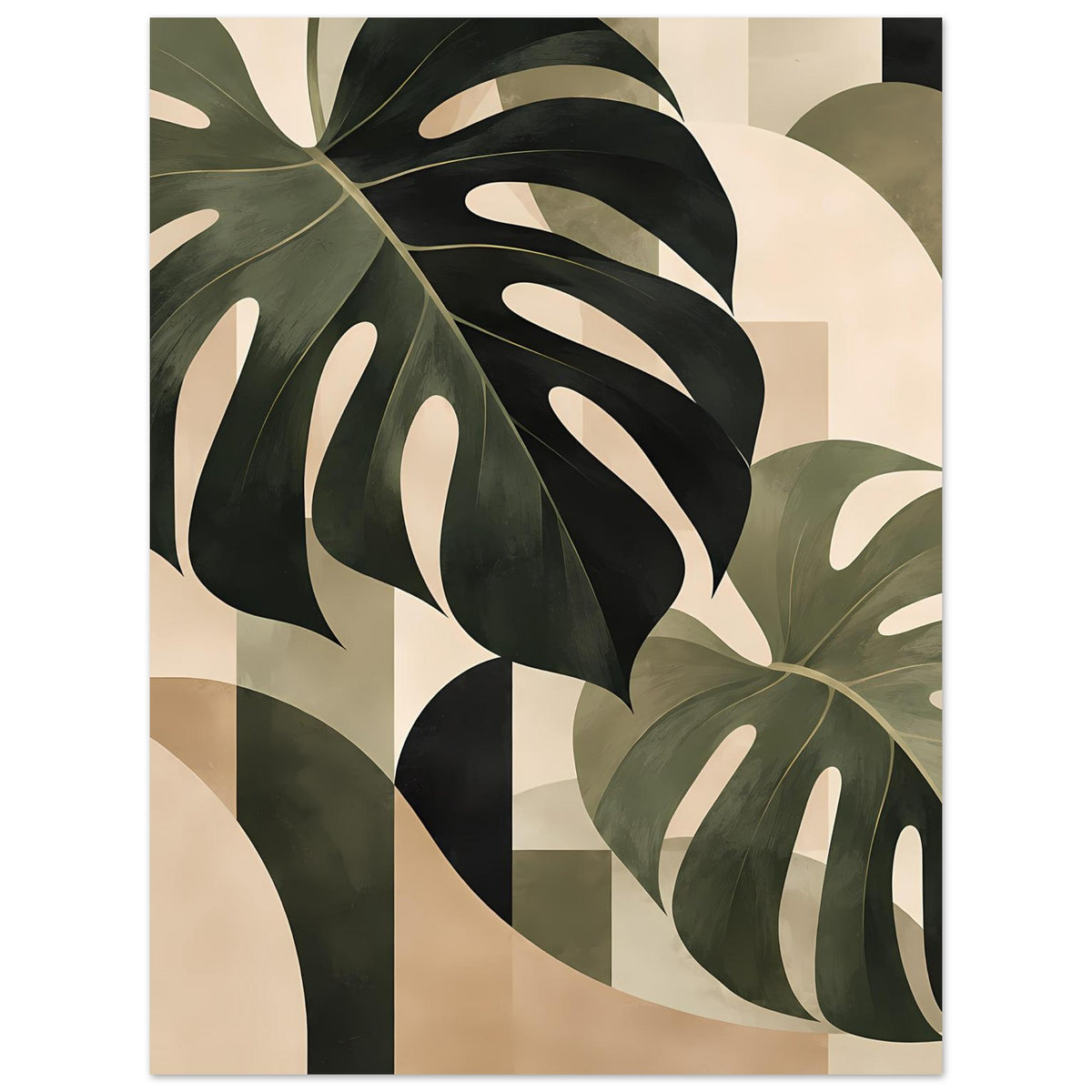 Abstraktes Monstera-Blätter-Poster, hochformatig, große Blattflächen in Dunkelgrün und Beige