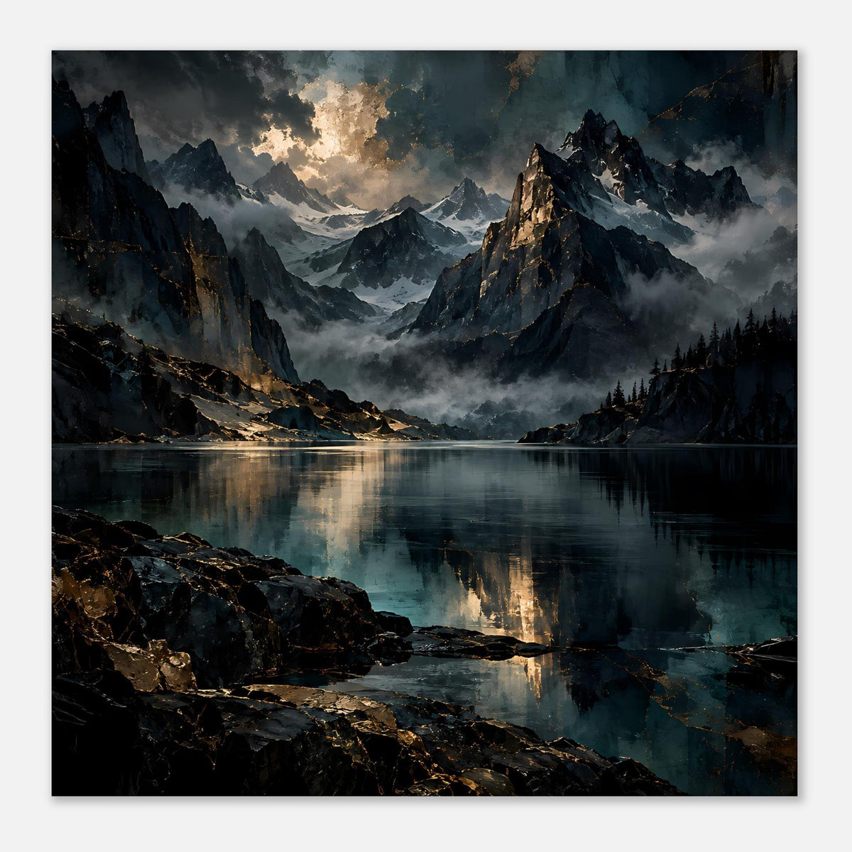 Landschaftsposter im Querformat mit Bergsee, Bergen und Lichtspiegelung