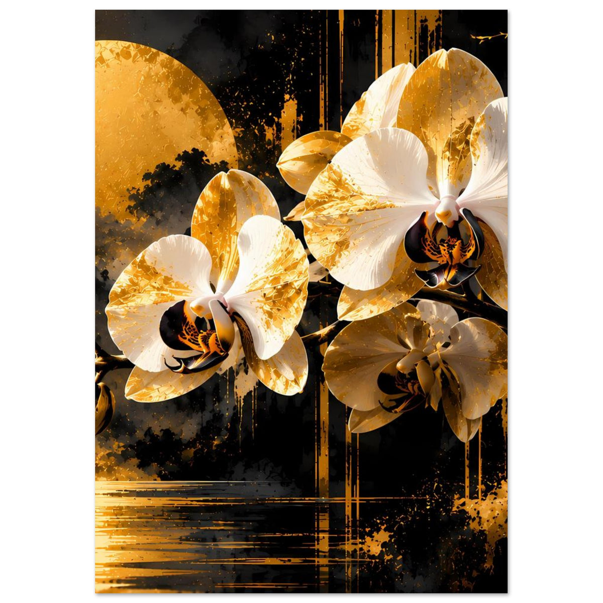 Poster mit mehreren gold-weißen Orchideenblüten, dunklen Details und goldenen Linien