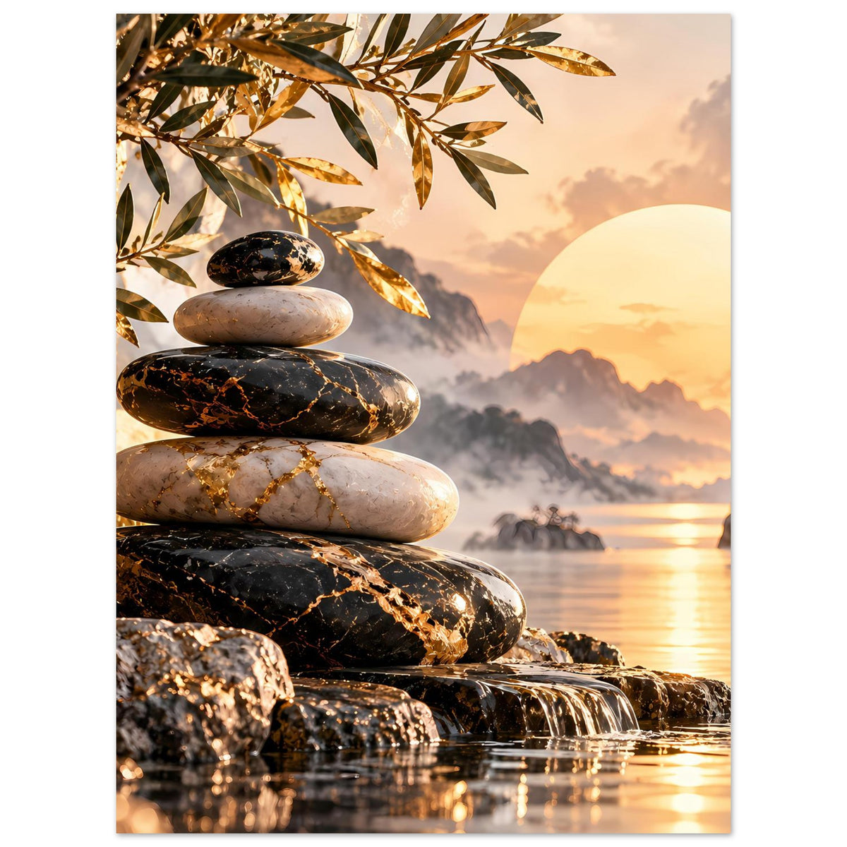 Hochkant-Poster mit Zen-Stein-Stapel, goldenen Blättern und Sonnenuntergangssee