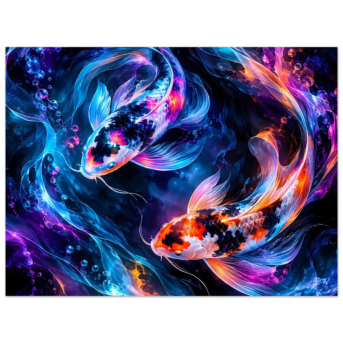 Querformat-Poster mit zwei Koi-Fischen, kräftige Farbakzente in Blau, Pink und Orange