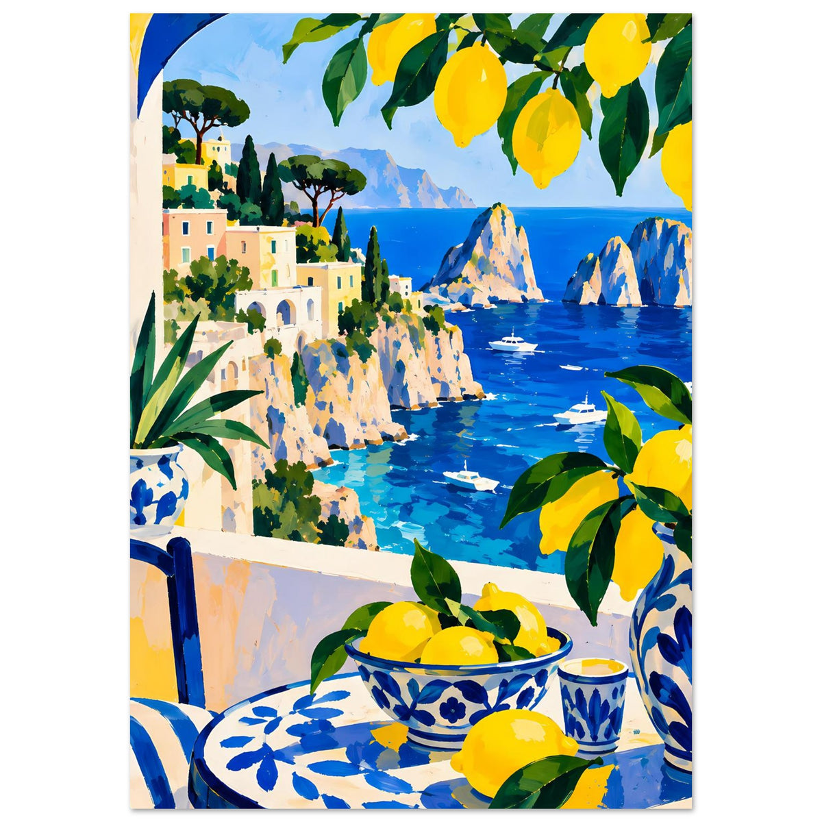 Poster mit gelben Zitronen und grünen Blättern, blaues Meer mit Felsinseln und Küstenhäusern
