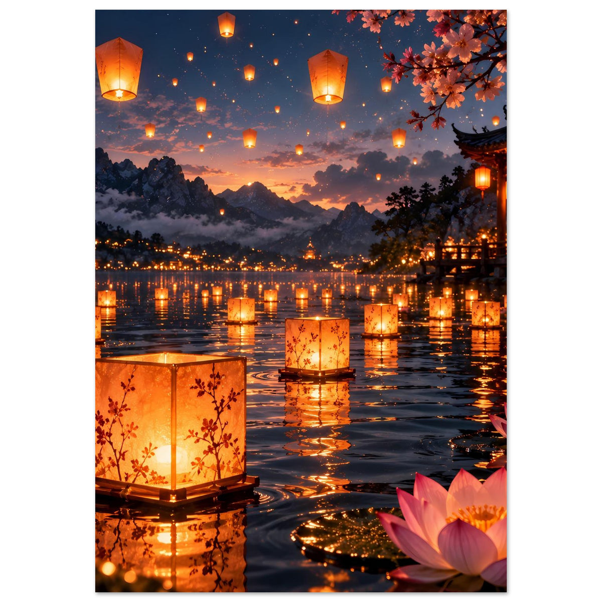 Laternenfest-Poster mit Laternen am See, warmem Himmel und leuchtenden Spiegelungen