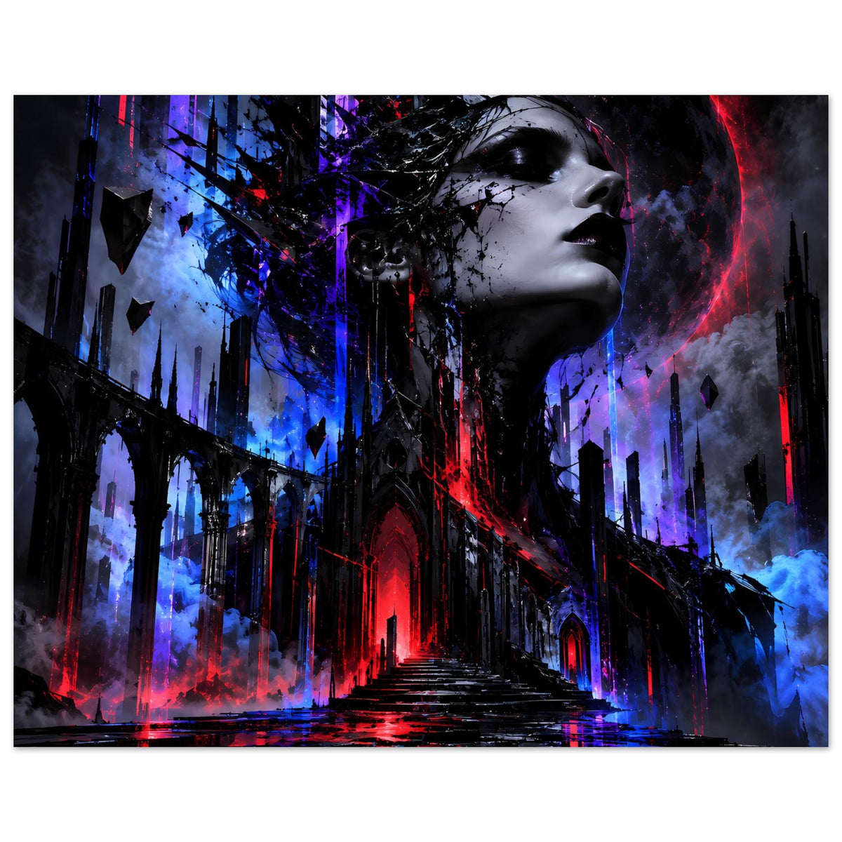 Gothic-Fantasy-Poster mit Profilkopf, schwarzem Gewölbeweg, Neonrot und -blau