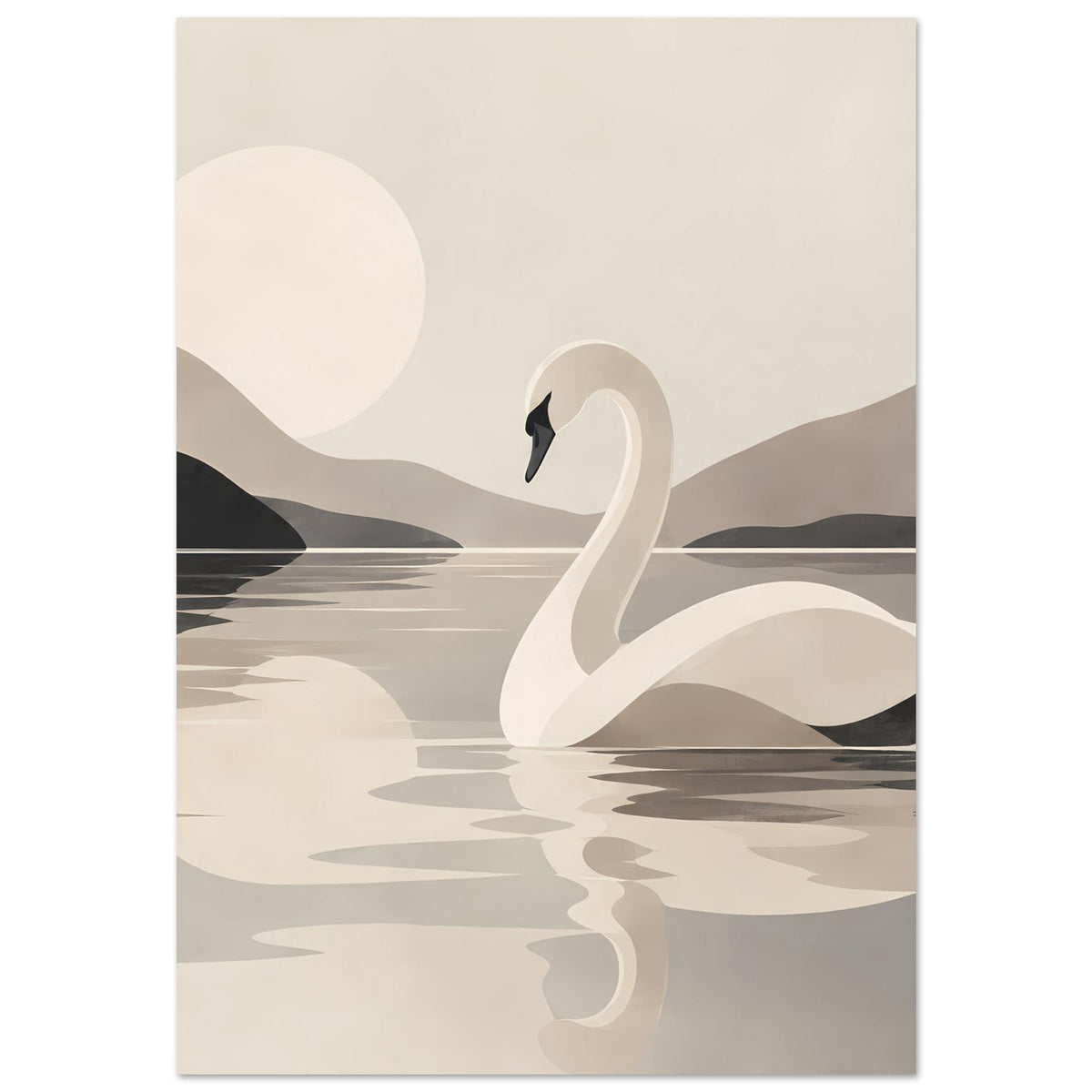 Kunstposter mit Schwanmotiv und ruhiger Wasserfläche, minimalistisch in Sand-, Grau- und Beigetönen