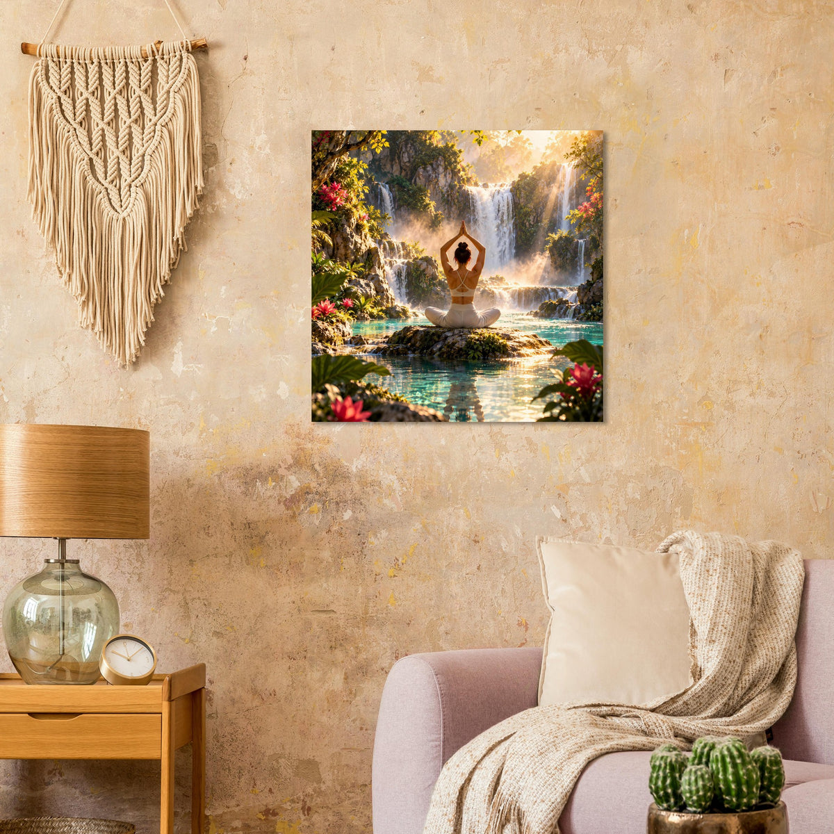 Wandposter mit meditierender Person im Schneidersitz und Wasserfallmotiv