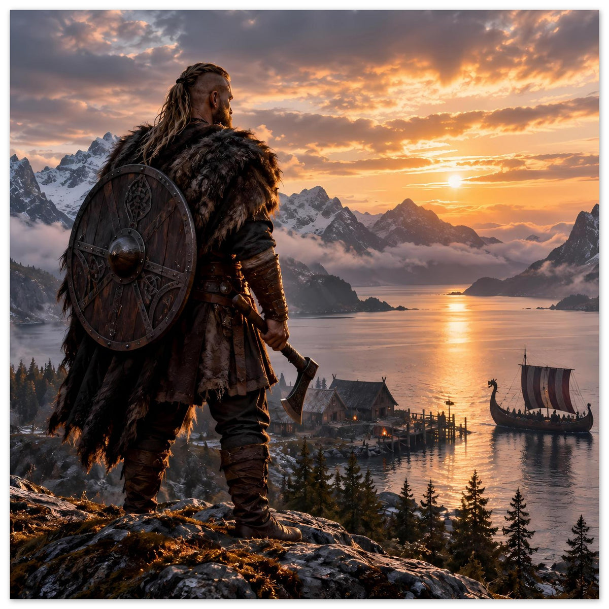 Vikinger-Poster: Wikinger mit Rundschild und Langschiff im Fjord, Blick über die Landschaft