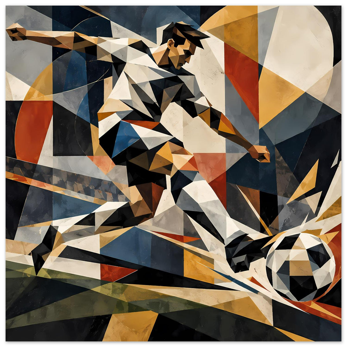 Poster mit geometrischem Fußballspieler, abstrakte Formen in Dunkelblau, Gelb, Orange, Ball
