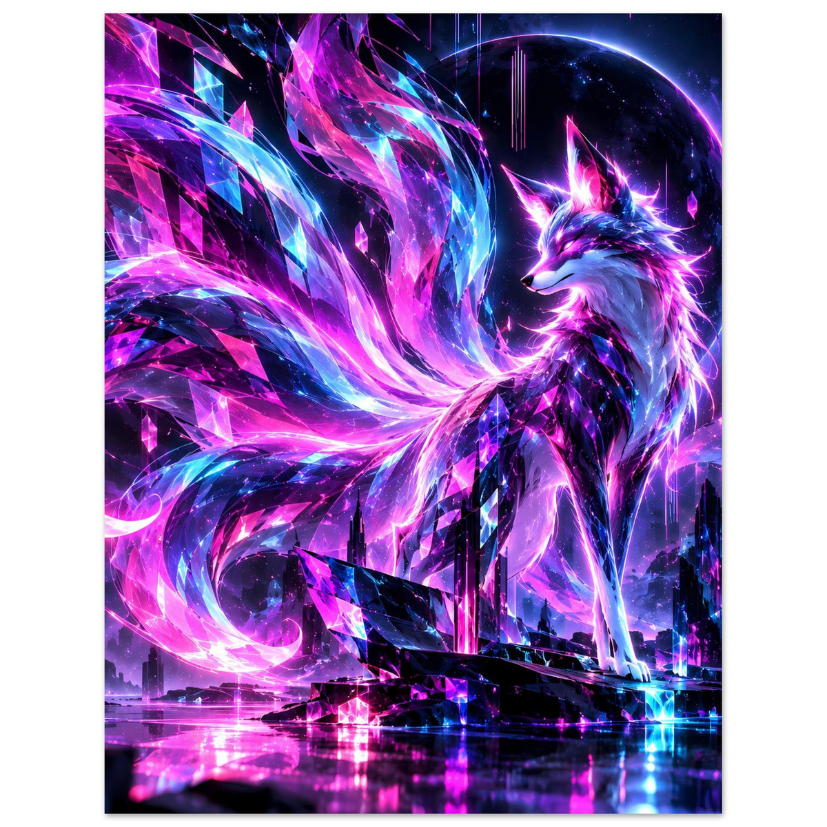 Rechteckiges Neonfuchs-Poster mit magischen Lichtkaskaden in Violett und Blau