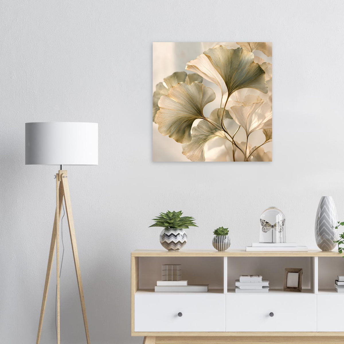 Quadratisches Poster mit botanischem Blattmotiv in Creme und Gold