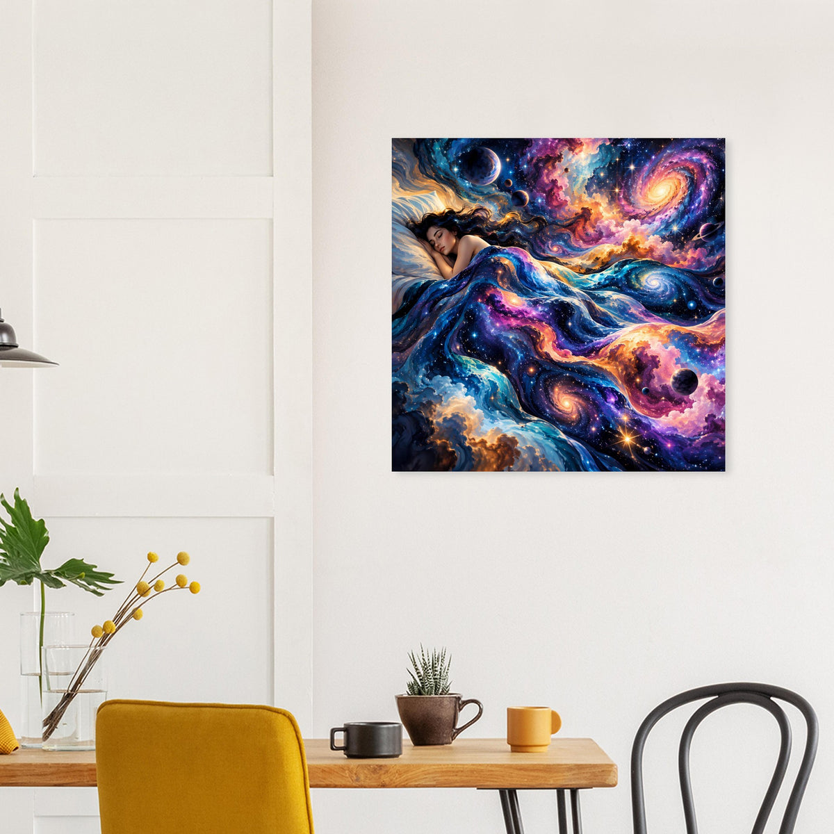 Quadratisches Galaxieposter mit hellen Orange-Planeten, violettem Nebel und blauen Sternen.