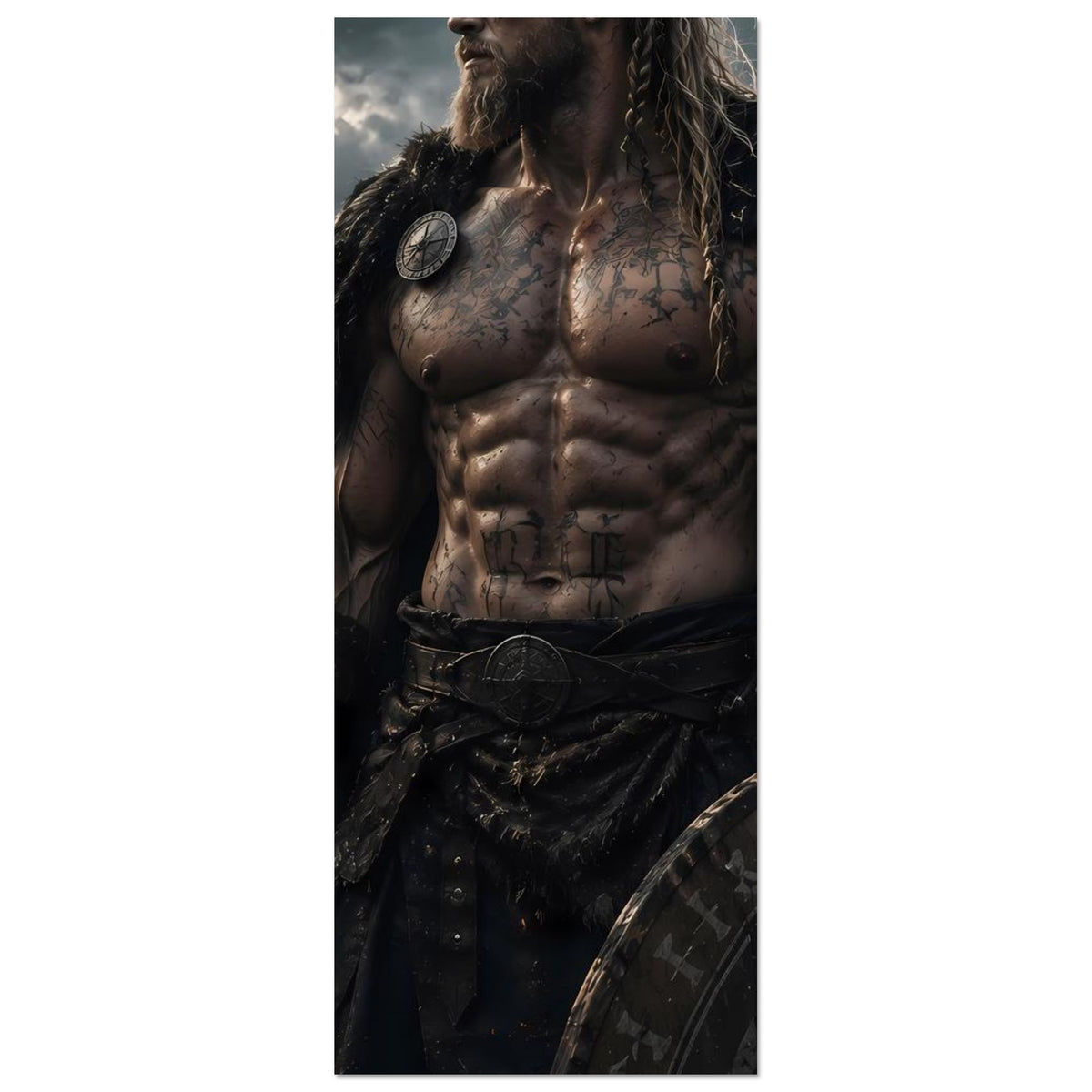 Fantasy-Wikingerkrieger-Poster (Ausschnitt): Tattoos und Fellmantel, Schildbogen unten rechts