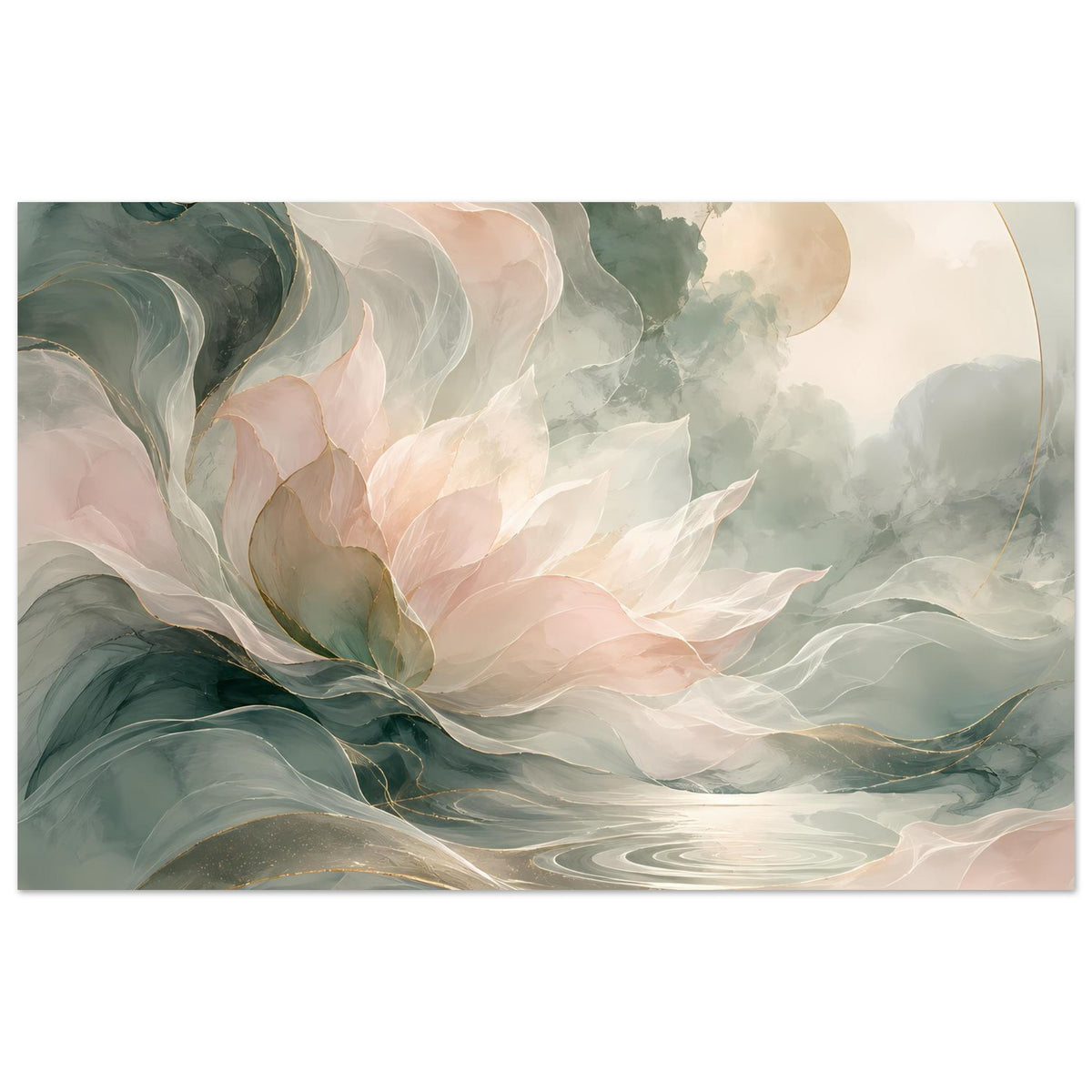Horizontales Poster mit abstraktem Blumenmotiv in Pastellgrün, Pfirsich und Creme