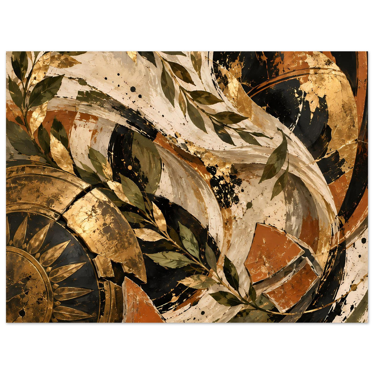Vintage-Poster mit abstrakten Blatt- und Kreismotiven in warmen Gold-, Braun- und Dunkeltönen