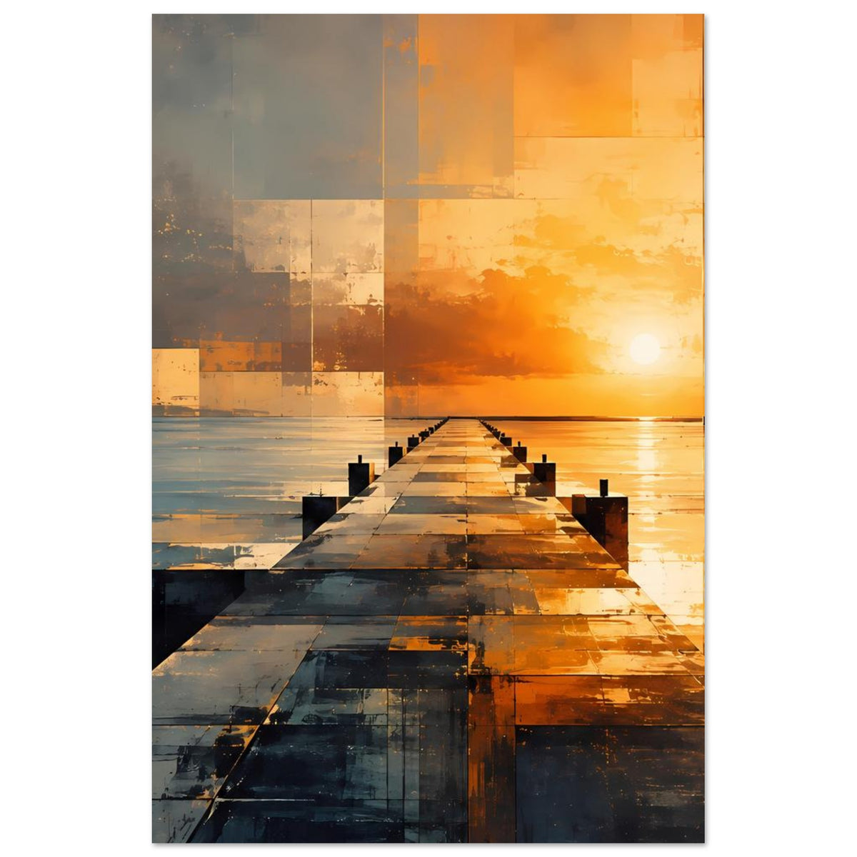 Abstraktes Poster, senkrecht: Pier im Sonnenuntergang mit geometrischen Flächen in Orange und Blau